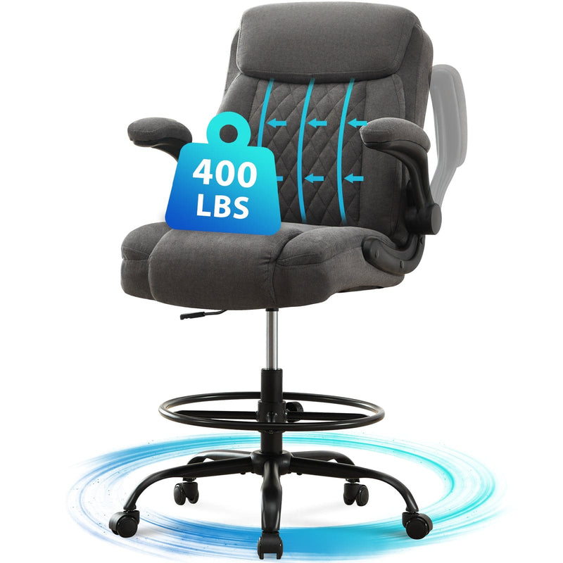 JONPONY Drafting Chair Tall Office Chair for Standing Desk, Ergonomic High Office Chair with Adjustable Foot Ring, Flip-Up Armrests, Lumbar Support for Home office or Drawing Use ,Dark Gray