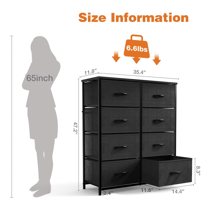 JONPONY Dresser for Bedroom with 8 Drawers, Tall Fabric Storage Tower, Chest of Drawers with Wood Top, Sturdy Steel Frame for Closet, Living Room, Entryway