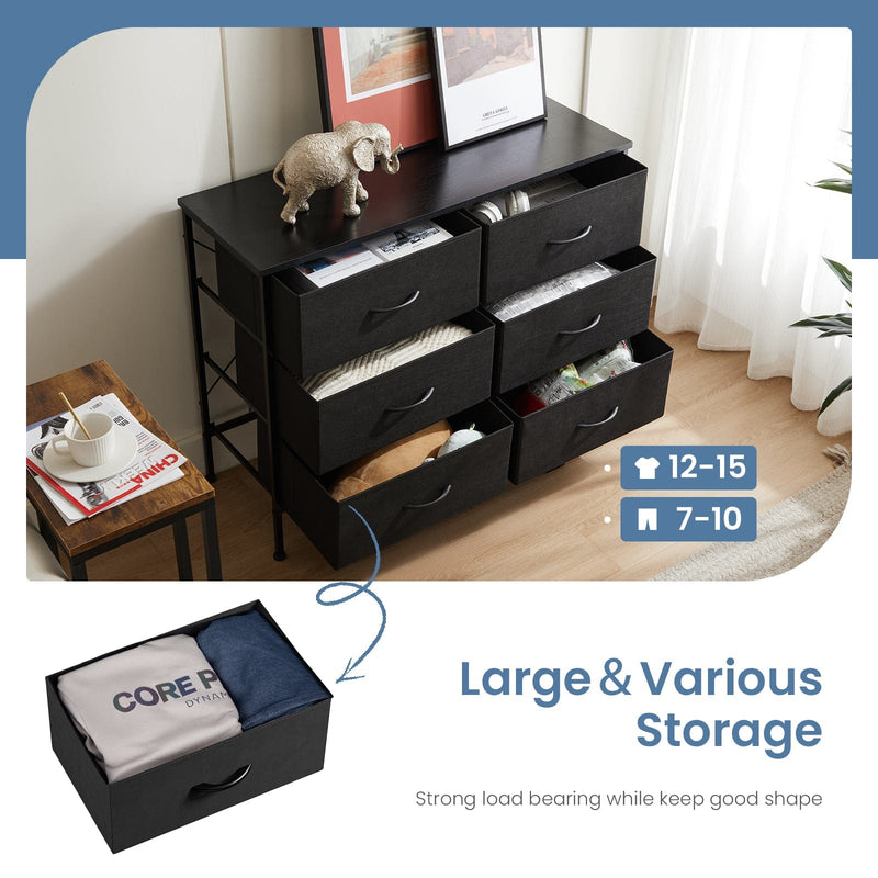 JONPONY Dresser TV Stand for Bedroom, 6 Drawer Fabric Storage Chest with Metal Frame & Wooden Top, Organizer for Closet & Living Room