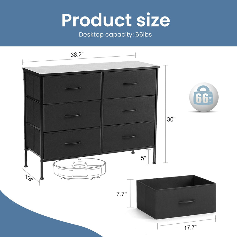 JONPONY Dresser TV Stand for Bedroom, 6 Drawer Fabric Storage Chest with Metal Frame & Wooden Top, Organizer for Closet & Living Room