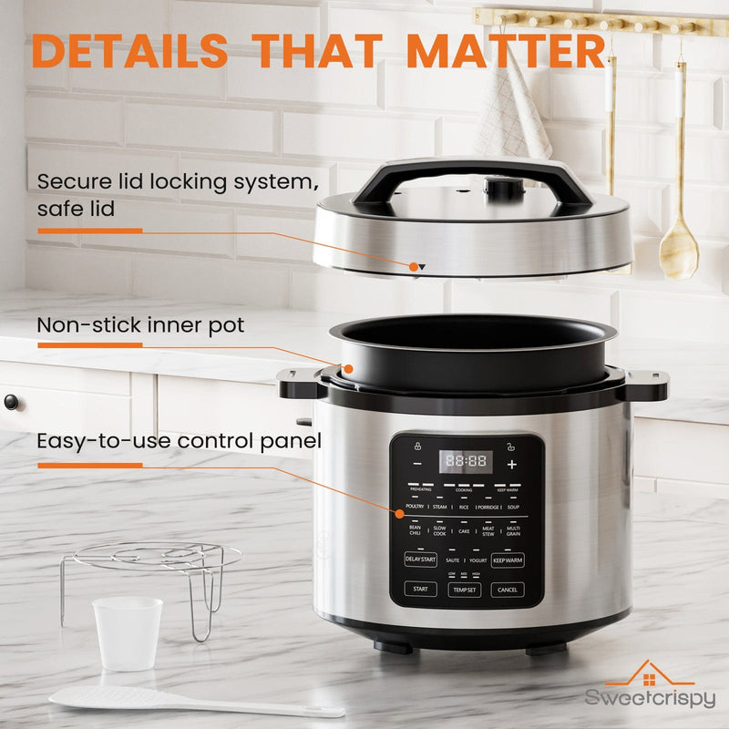 JONPONY Electric Pressure Cooker Stainless Steel Multi Cooker for Rice, Steamer, Yogurt Maker, Slow Cook, Saute, Meat Stew, Cake, Multigrain, Black