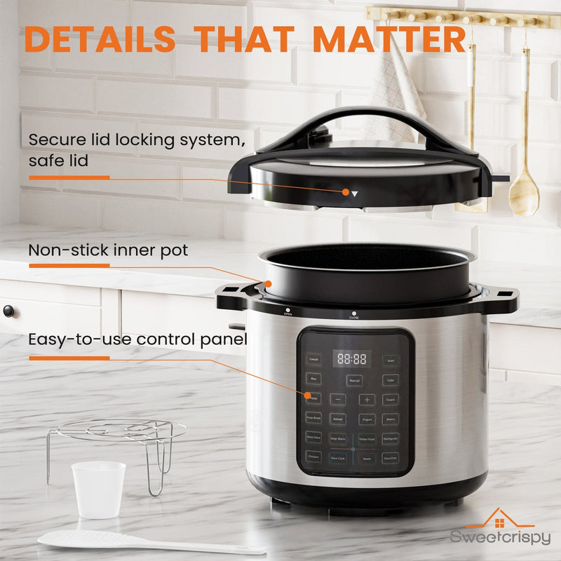 JONPONY Electric Pressure Cooker Stainless Steel Multi Cooker for Rice, Steamer, Yogurt Maker, Slow Cook, Saute, Meat Stew, Cake, Multigrain, Black