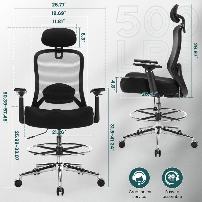 JONPONY Ergonomic Tall Drafting Chair 500Lbs, Mesh Executive Tall Office Chair, High Back Standing Desk Chair with Adjustable Headrest, Back, Arm & Foot Ring