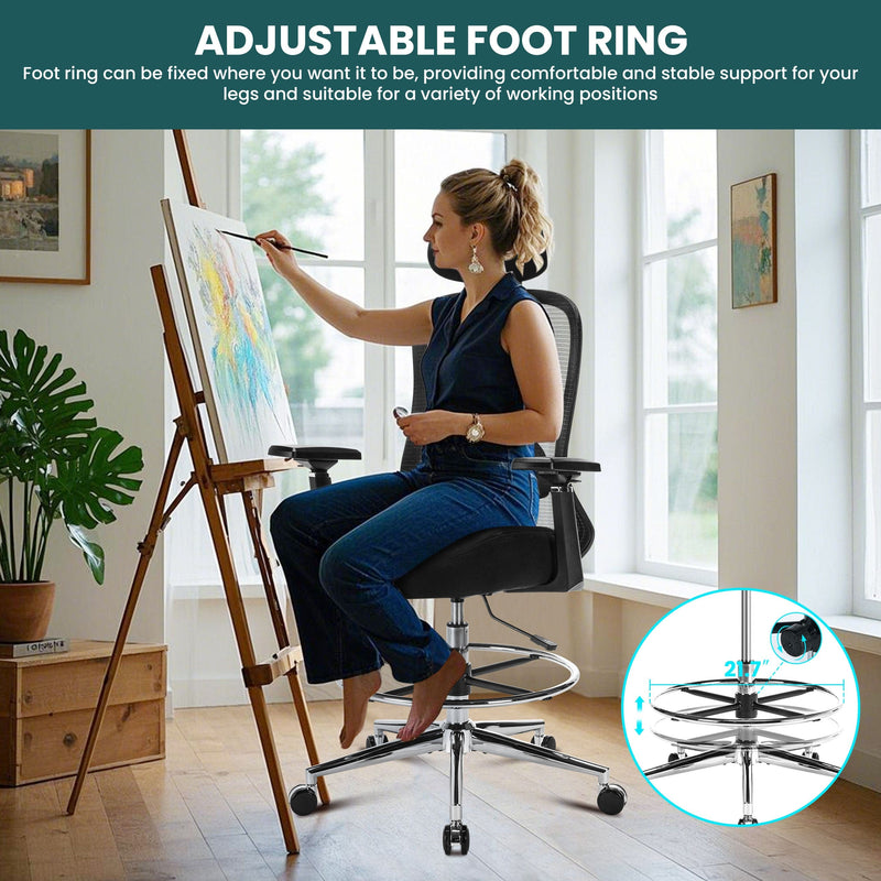 JONPONY Ergonomic Tall Drafting Chair 500Lbs, Mesh Executive Tall Office Chair, High Back Standing Desk Chair with Adjustable Headrest, Back, Arm & Foot Ring