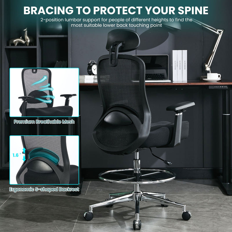 JONPONY Ergonomic Tall Drafting Chair 500Lbs, Mesh Executive Tall Office Chair, High Back Standing Desk Chair with Adjustable Headrest, Back, Arm & Foot Ring