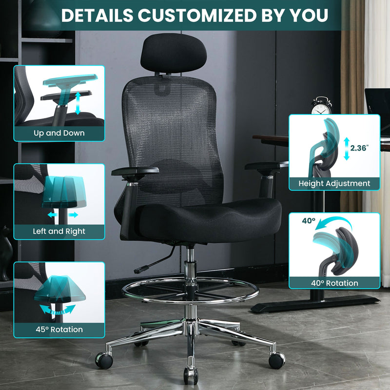 JONPONY Ergonomic Tall Drafting Chair 500Lbs, Mesh Executive Tall Office Chair, High Back Standing Desk Chair with Adjustable Headrest, Back, Arm & Foot Ring