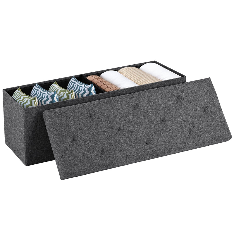 JONPONY Folding Storage Ottoman Bench, Linen Fabric, Footrest, End of Bed Storage, with Divider for Living Room, Bedroom, Entryway, Gray