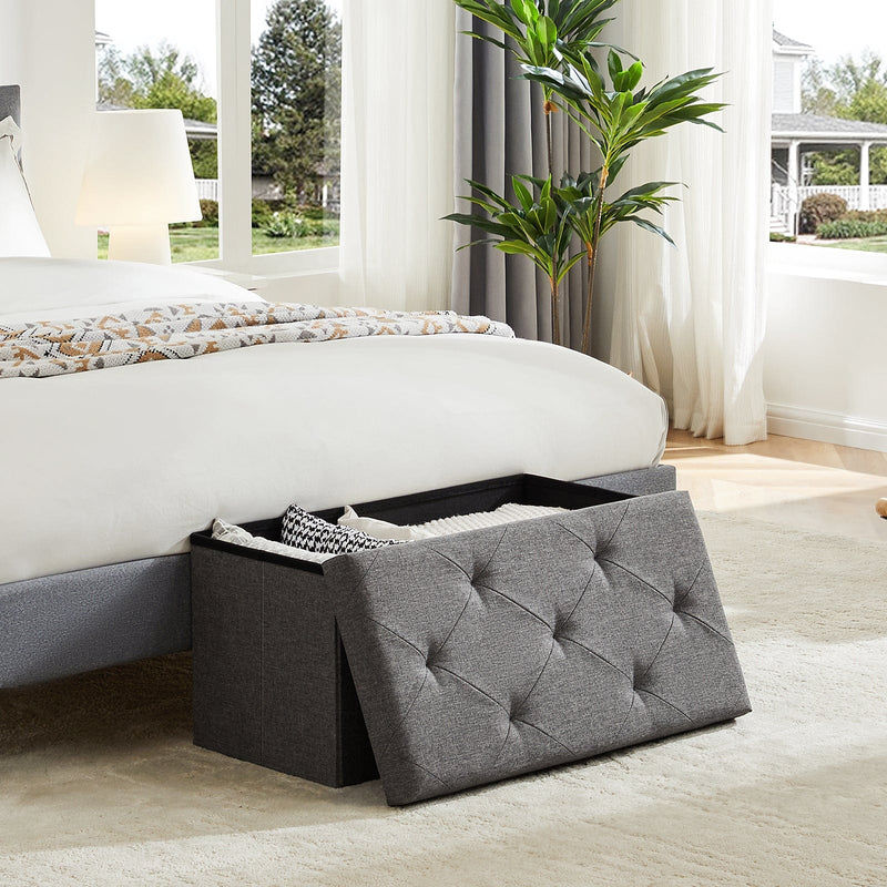 JONPONY Folding Storage Ottoman Bench, Linen Fabric, Footrest, End of Bed Storage, with Divider for Living Room, Bedroom, Entryway, Gray
