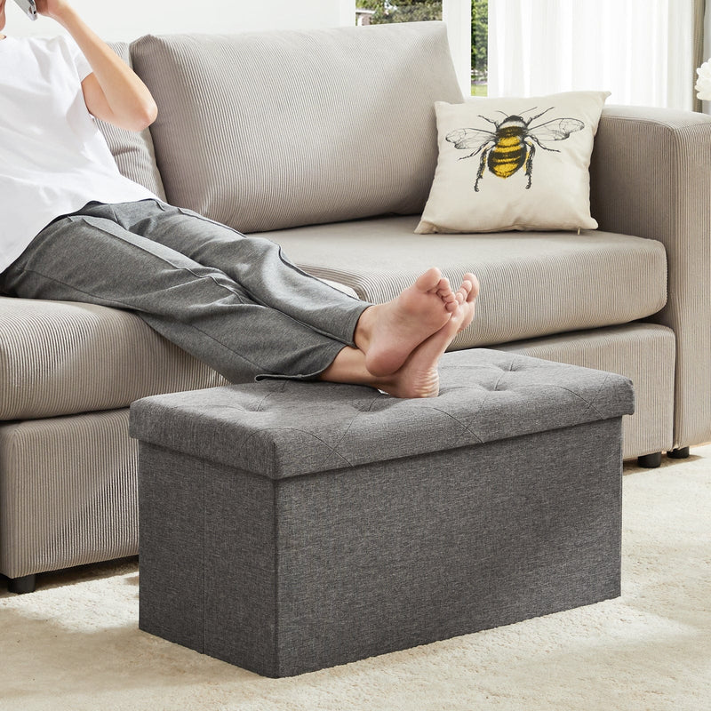 JONPONY Folding Storage Ottoman Bench, Linen Fabric, Footrest, End of Bed Storage, with Divider for Living Room, Bedroom, Entryway, Gray