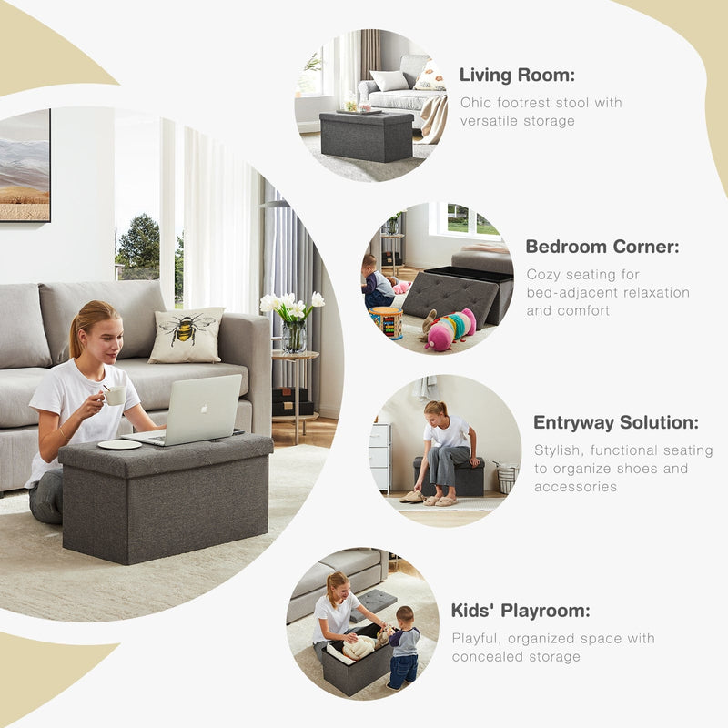 JONPONY Folding Storage Ottoman Bench, Linen Fabric, Footrest, End of Bed Storage, with Divider for Living Room, Bedroom, Entryway, Gray