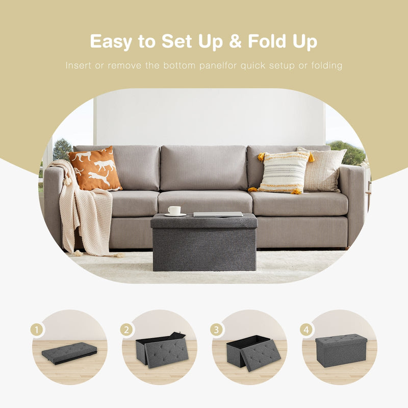 JONPONY Folding Storage Ottoman Bench, Linen Fabric, Footrest, End of Bed Storage, with Divider for Living Room, Bedroom, Entryway, Gray