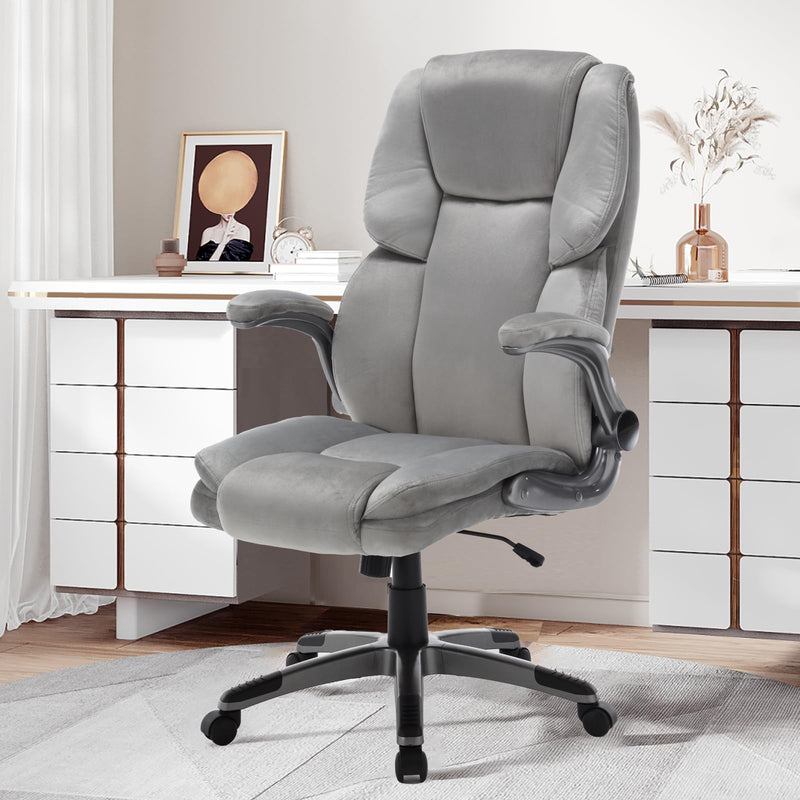 JONPONY High Back Executive Office Chair, Velvet Fabric Office Chair with Wheels, Ergonomic Home Computer Desk Chairs with Padded Flip up Armrests, Lumbar Support Swivel Rolling Chair for Adult
