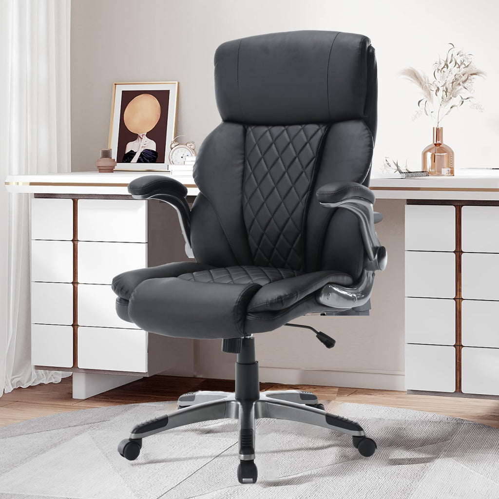 JONPONY High Back Office Chair with Flip up Arms,Rocking Managerial Executive Office Chair with Lumbar Support, Leather Office Computer Desk Chair with Wheels,Swivel Task Chair