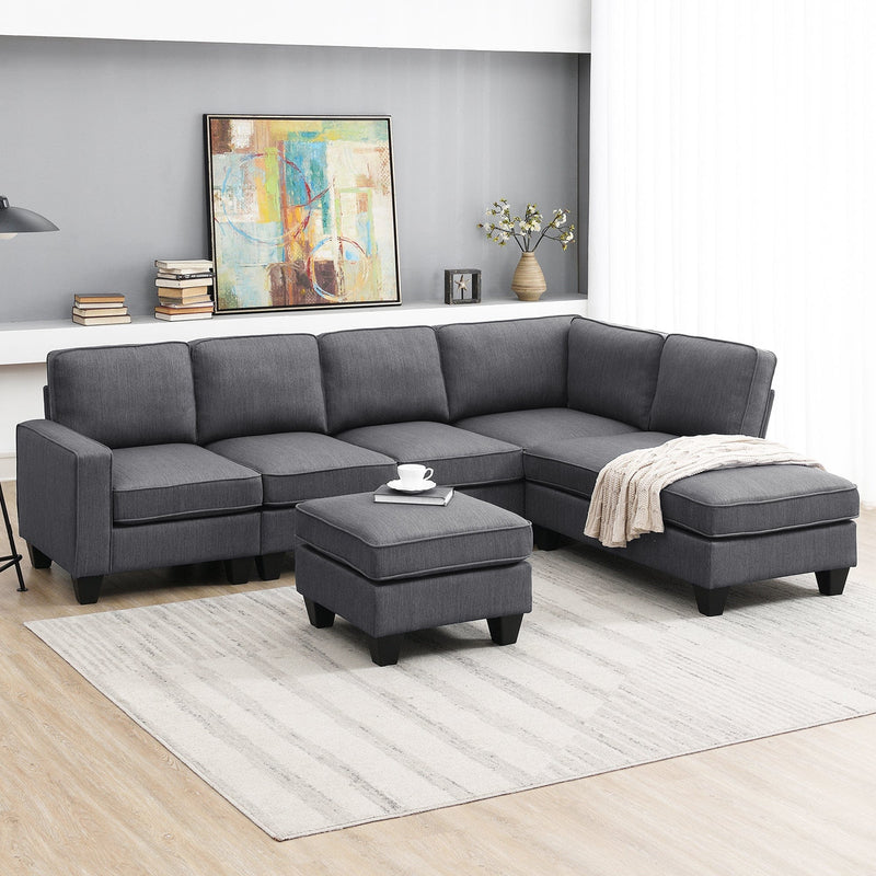 JONPONY Modern Sectional Sofa,7-seat Linen Fabric Couch Set with Chaise Lounge and Convertible Ottoman for Living Room,Apartment,Office,Grey