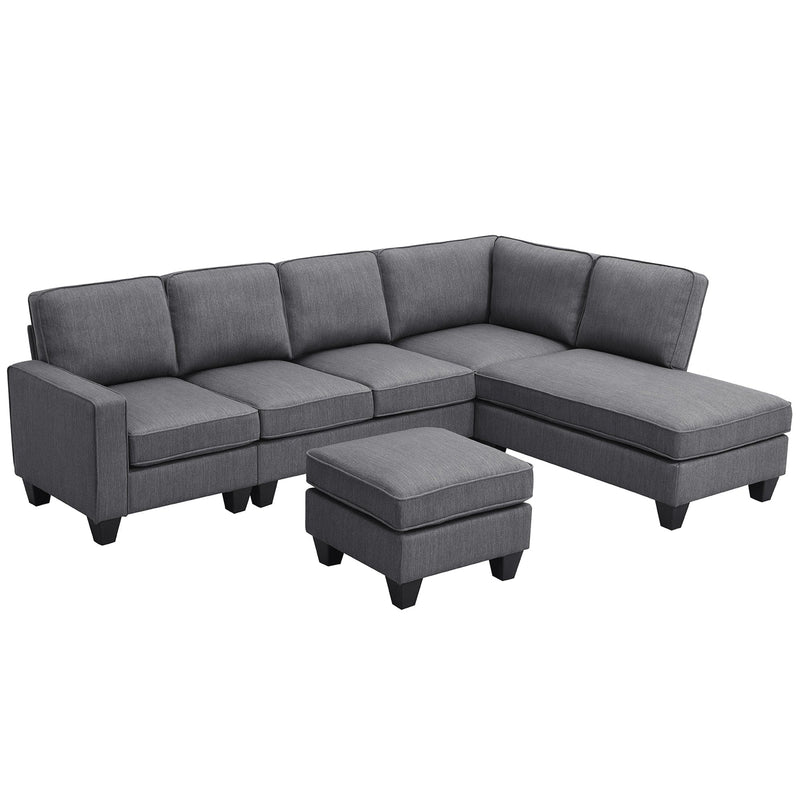 JONPONY Modern Sectional Sofa,7-seat Linen Fabric Couch Set with Chaise Lounge and Convertible Ottoman for Living Room,Apartment,Office,Grey