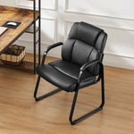 JONPONY Leather Guest Chair with Lumbar Support and Padded Arms, No Wheels, Black, PU Leather Office Chair for Reception and Waiting Room, Comfy, Sturdy Base