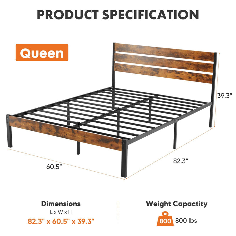 JONPONY Metal Bed Frame with Headboard & Footboard, 800LBS Mattress Foundation, Sturdy Noise-Free Slats, No Box Spring Needed, Easy Assembly, Rust Brown