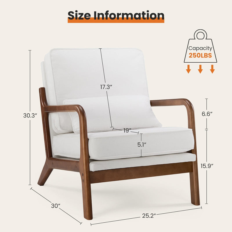 JONPONY Mid Century Modern Accent Chair, Single Fabric Lounge Reading Armchair with Solid Wood Frame, Easy Assembly Arm Chairs for Living Room, White(XL-1189)