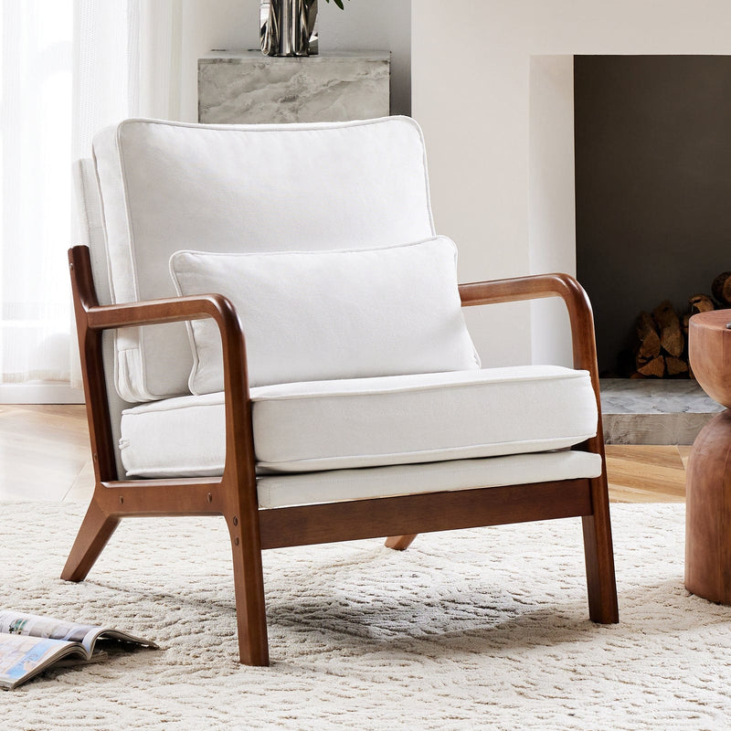 JONPONY Mid Century Modern Accent Chair, Single Fabric Lounge Reading Armchair with Solid Wood Frame, Easy Assembly Arm Chairs for Living Room, White(XL-1189)