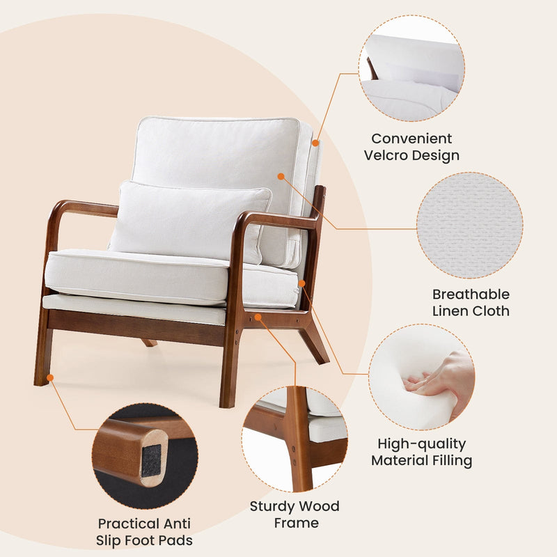 JONPONY Mid Century Modern Accent Chair, Single Fabric Lounge Reading Armchair with Solid Wood Frame, Easy Assembly Arm Chairs for Living Room, White(XL-1189)