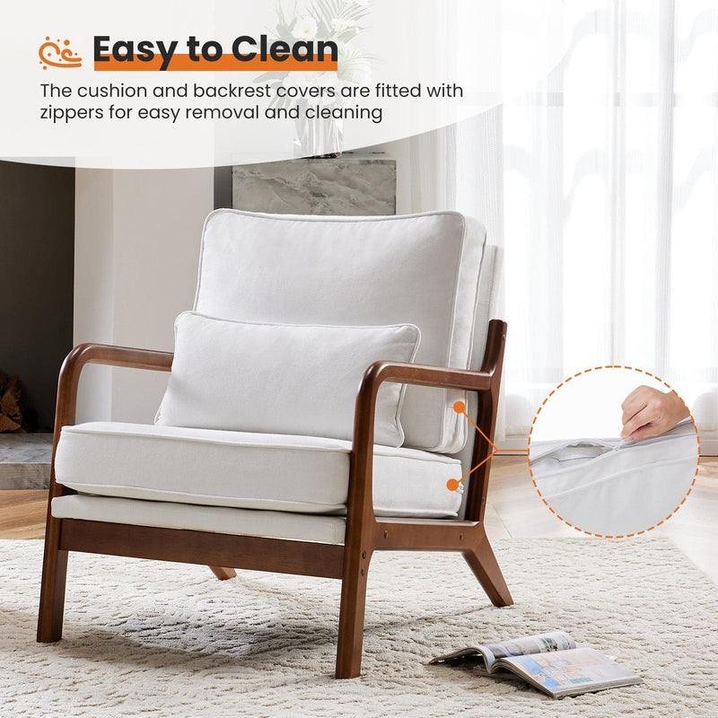 JONPONY Mid Century Modern Accent Chair, Single Fabric Lounge Reading Armchair with Solid Wood Frame, Easy Assembly Arm Chairs for Living Room, White(XL-1189)