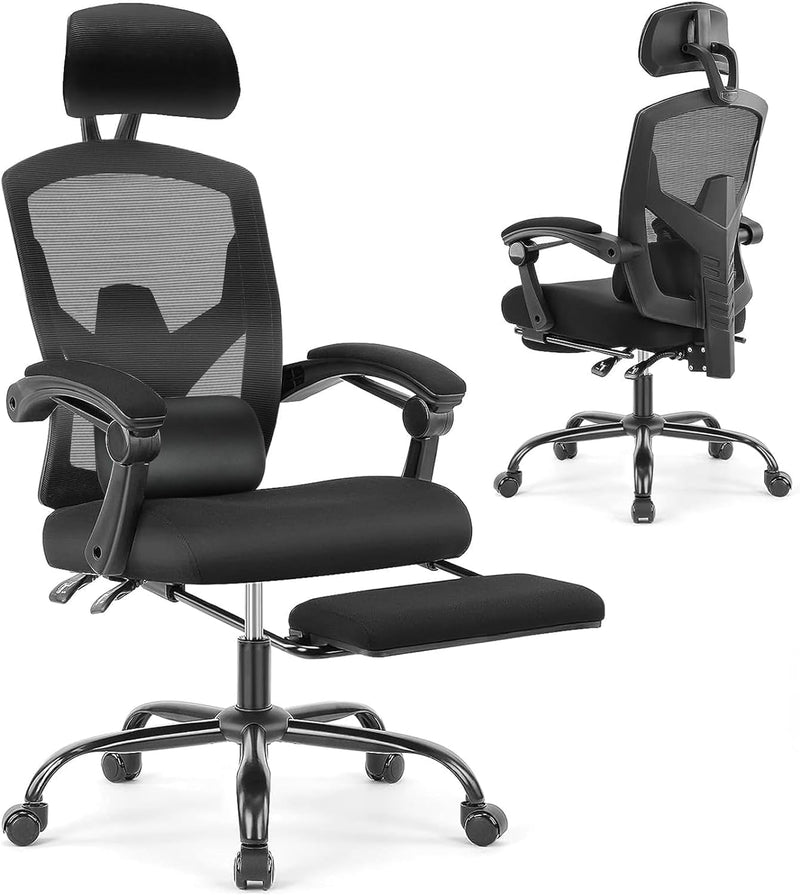 JONPONY Office Computer Desk Chair with Footrest, Ergonomic High-Back Mesh Rolling Work Swivel Reclining Chairs with Wheels, Comfortable Lumbar Support, Comfy Arms for Home, Bedroom, Gaming