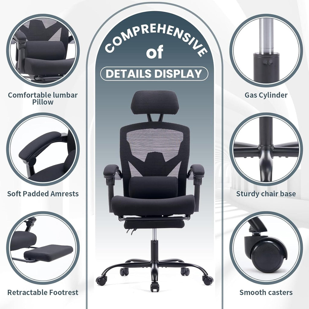 JONPONY Office Computer Desk Chair with Footrest, Ergonomic High-Back Mesh Rolling Work Swivel Reclining Chairs with Wheels, Comfortable Lumbar Support, Comfy Arms for Home, Bedroom, Gaming