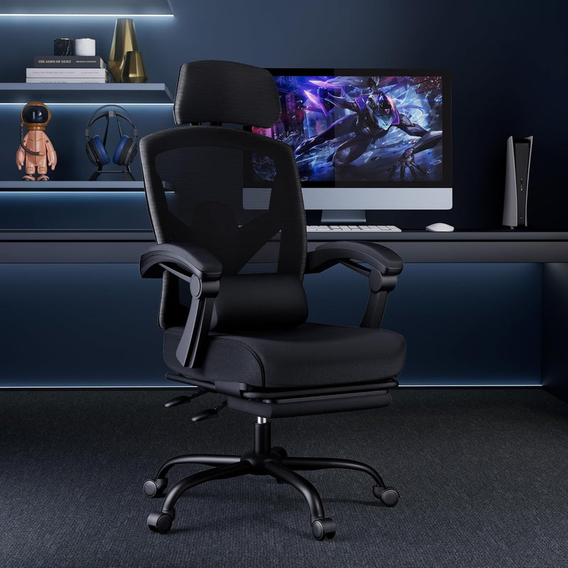 JONPONY Office Computer Desk Chair with Footrest, Ergonomic High-Back Mesh Rolling Work Swivel Reclining Chairs with Wheels, Comfortable Lumbar Support, Comfy Arms for Home, Bedroom, Gaming