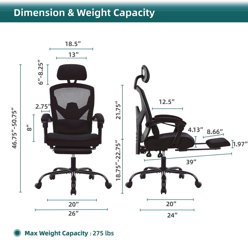 JONPONY Office Computer Desk Chair with Footrest, Ergonomic High-Back Mesh Rolling Work Swivel Reclining Chairs with Wheels, Comfortable Lumbar Support, Comfy Arms for Home, Bedroom, Gaming