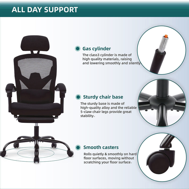 JONPONY Office Computer Desk Chair with Footrest, Ergonomic High-Back Mesh Rolling Work Swivel Reclining Chairs with Wheels, Comfortable Lumbar Support, Comfy Arms for Home, Bedroom, Gaming