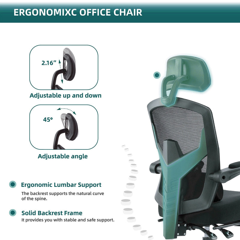 JONPONY Office Computer Desk Chair with Footrest, Ergonomic High-Back Mesh Rolling Work Swivel Reclining Chairs with Wheels, Comfortable Lumbar Support, Comfy Arms for Home, Bedroom, Gaming