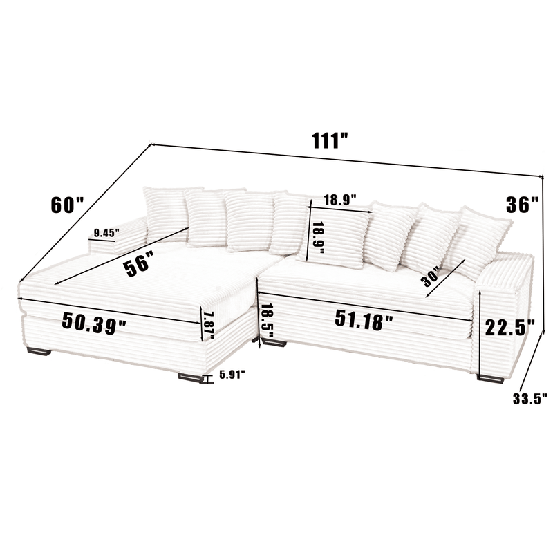 JONPONY Oversized Two-Piece Couches, L Shaped Sofa, Corduroy, Left Chaise Daybed,with Armrests,Eight Throw Pillows,Corner Sofa,Easy To Assemble, Black