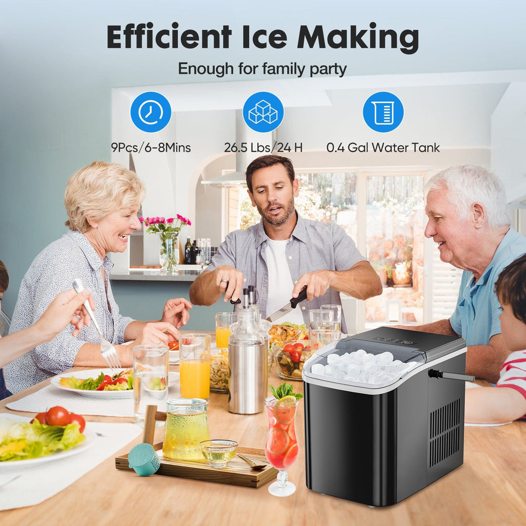 JONPONY Portable Countertop Ice Maker, Self-Cleaning, 9 Bullet Cubes in 6 Mins, 26.5Lbs in 24Hrs, with Handle, Basket and Scoop for Home, Kitchen, Party, RV, Camping