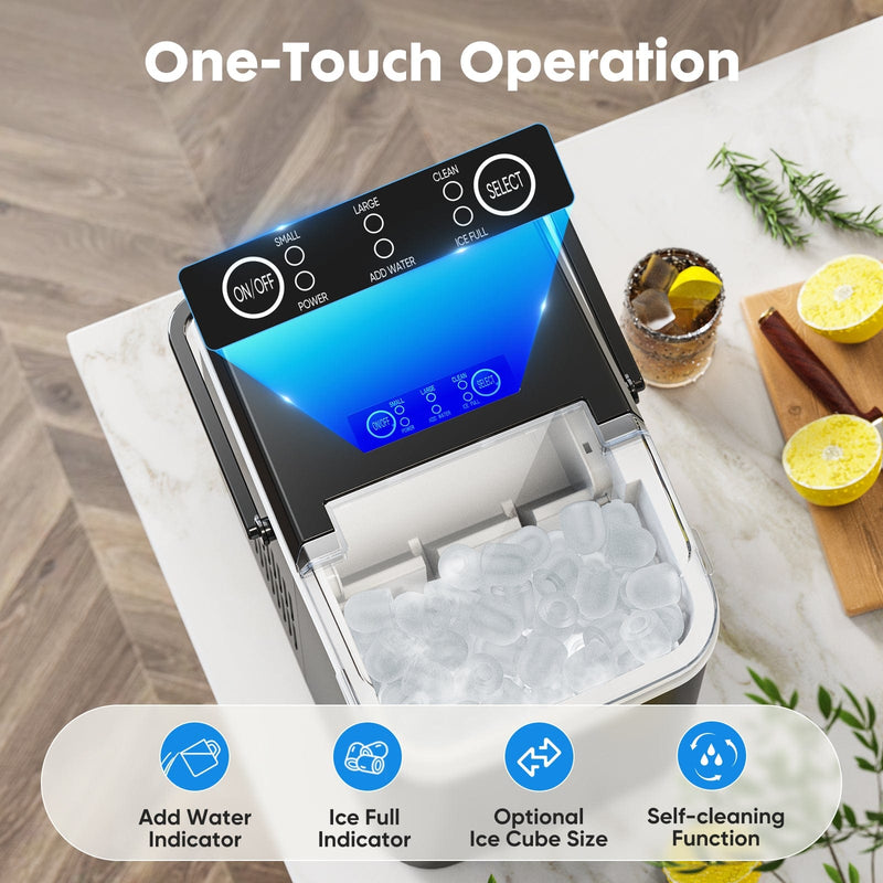 JONPONY Portable Countertop Ice Maker, Self-Cleaning, 9 Bullet Cubes in 6 Mins, 26.5Lbs in 24Hrs, with Handle, Basket and Scoop for Home, Kitchen, Party, RV, Camping