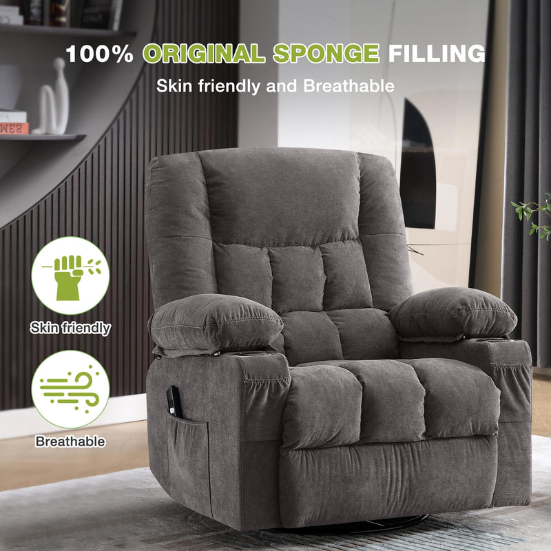 JONPONY Power Swivel Recliner Chair with Ergonomic for Adults, Oversized Recliner Single Sofa with Rocking Function, Side Pocket, Two Cup Holders and Remote Control for Living Room,Gray