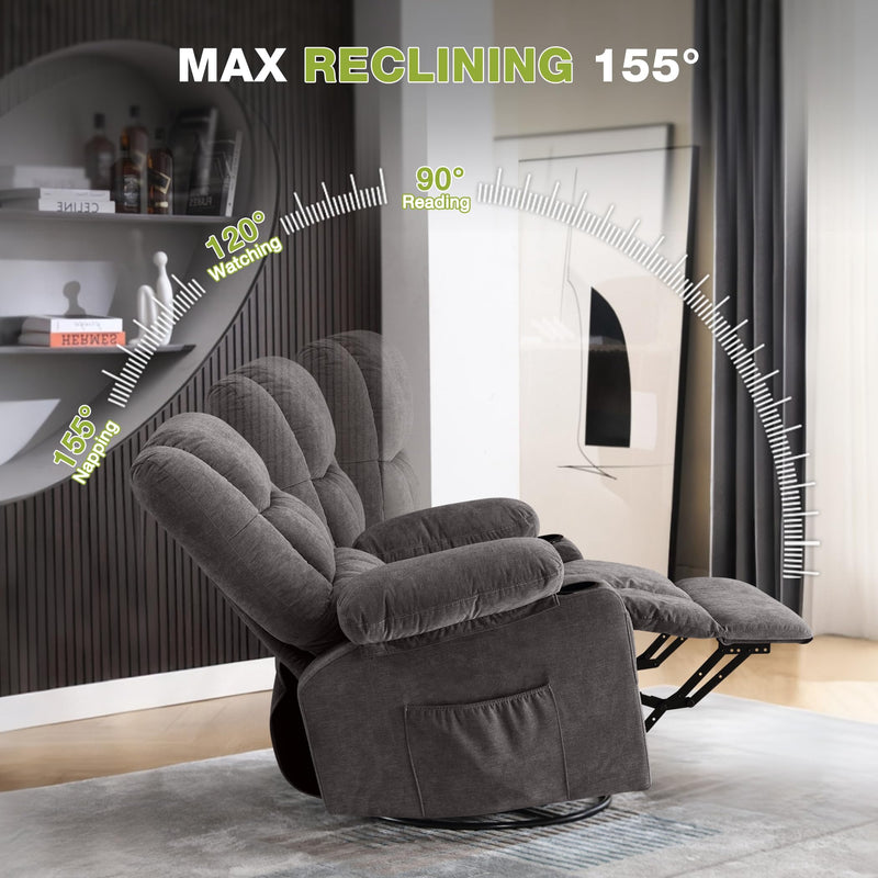 JONPONY Power Swivel Recliner Chair with Ergonomic for Adults, Oversized Recliner Single Sofa with Rocking Function, Side Pocket, Two Cup Holders and Remote Control for Living Room,Gray