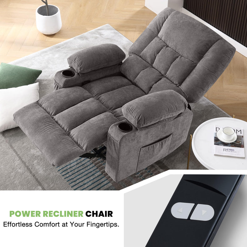 JONPONY Power Swivel Recliner Chair with Ergonomic for Adults, Oversized Recliner Single Sofa with Rocking Function, Side Pocket, Two Cup Holders and Remote Control for Living Room,Gray
