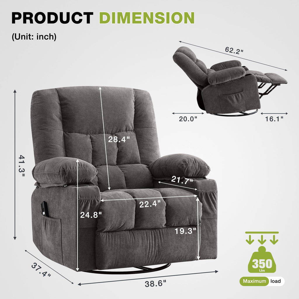 JONPONY Power Swivel Recliner Chair with Ergonomic for Adults, Oversized Recliner Single Sofa with Rocking Function, Side Pocket, Two Cup Holders and Remote Control for Living Room,Gray