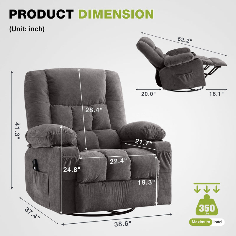 JONPONY Power Swivel Recliner Chair with Ergonomic for Adults, Oversized Recliner Single Sofa with Rocking Function, Side Pocket, Two Cup Holders and Remote Control for Living Room,Gray