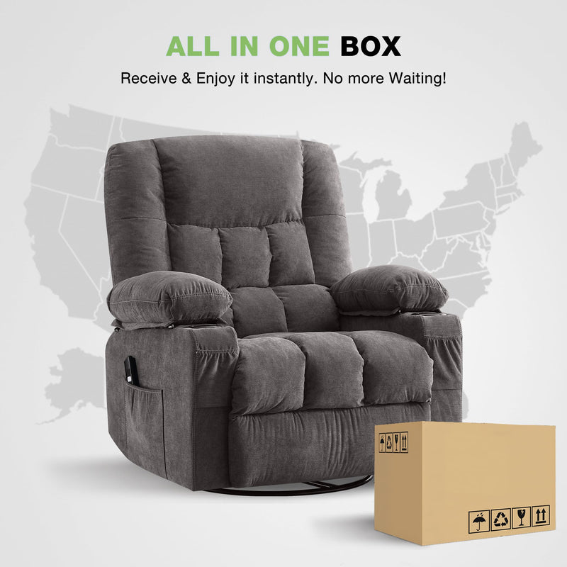 JONPONY Power Swivel Recliner Chair with Ergonomic for Adults, Oversized Recliner Single Sofa with Rocking Function, Side Pocket, Two Cup Holders and Remote Control for Living Room,Gray