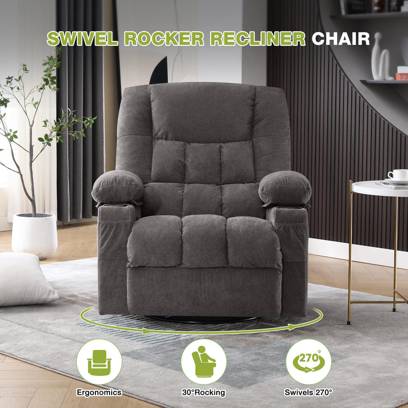 JONPONY Power Swivel Recliner Chair with Ergonomic for Adults, Oversized Recliner Single Sofa with Rocking Function, Side Pocket, Two Cup Holders and Remote Control for Living Room,Gray