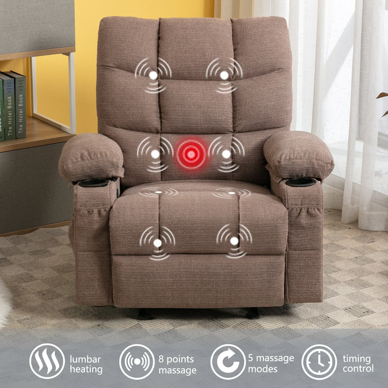 JONPONY Recliner Chair Rocker Recliner with Massage and Heat Soft Fabric Reclining Chair Manual Rocking Recliner Chair with 2 Cup Holders, USB Charge Port and Side Pocket,Brown