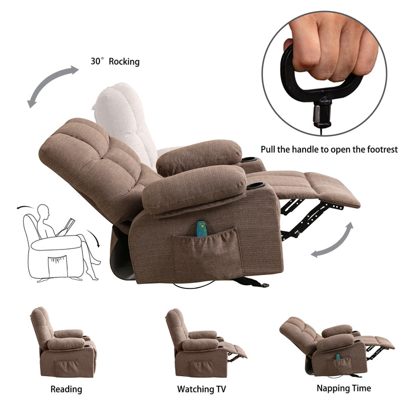 JONPONY Recliner Chair Rocker Recliner with Massage and Heat Soft Fabric Reclining Chair Manual Rocking Recliner Chair with 2 Cup Holders, USB Charge Port and Side Pocket,Brown