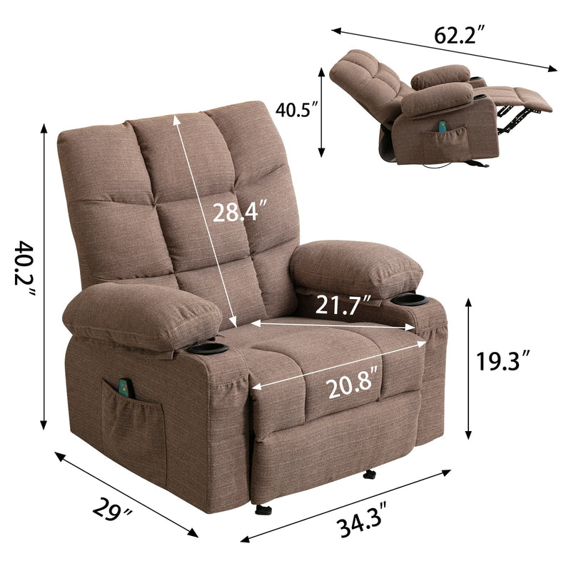 JONPONY Recliner Chair Rocker Recliner with Massage and Heat Soft Fabric Reclining Chair Manual Rocking Recliner Chair with 2 Cup Holders, USB Charge Port and Side Pocket,Brown