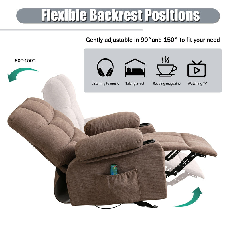 JONPONY Recliner Chair Rocker Recliner with Massage and Heat Soft Fabric Reclining Chair Manual Rocking Recliner Chair with 2 Cup Holders, USB Charge Port and Side Pocket,Brown