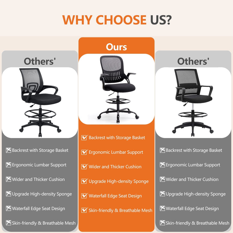 JONPONY Tall Drafting Office Chair,Desk Chair with Ergonomic Lumbar Support for Home, Office, Bedroom, for Adults,Black