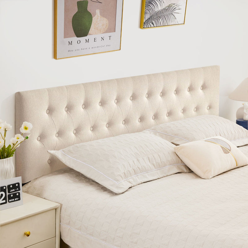 JONPONY Tufted Upholstered Headboard Queen Size, Solid Wood Head Board with Adjustable Height Headboard from 37" to 51",Bed Frame Adapters,Beige,Headboard Only