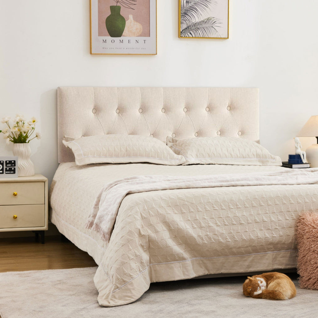 JONPONY Tufted Upholstered Headboard Queen Size, Solid Wood Head Board with Adjustable Height Headboard from 37" to 51",Bed Frame Adapters,Beige,Headboard Only