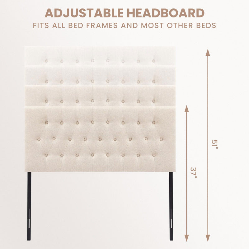 JONPONY Tufted Upholstered Headboard Queen Size, Solid Wood Head Board with Adjustable Height Headboard from 37" to 51",Bed Frame Adapters,Beige,Headboard Only