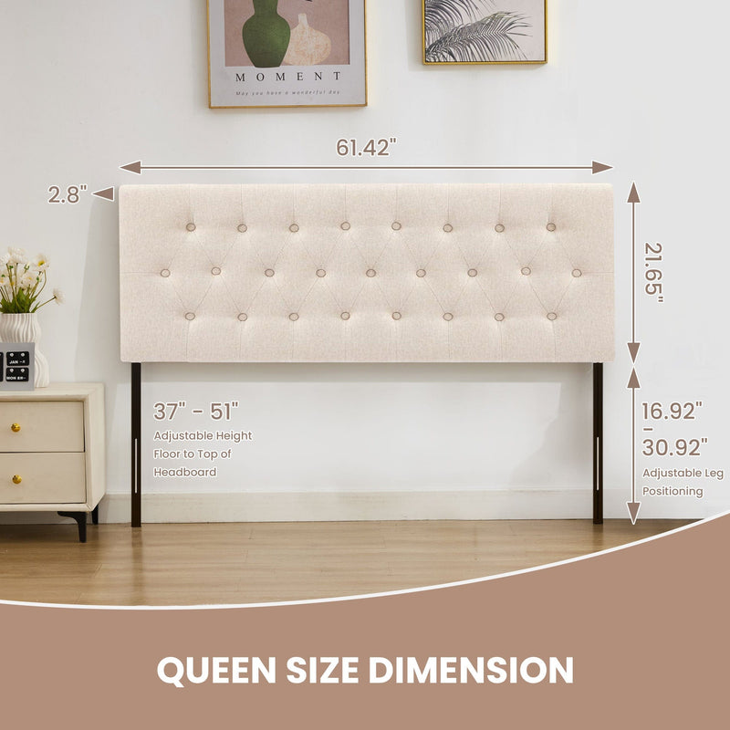 JONPONY Tufted Upholstered Headboard Queen Size, Solid Wood Head Board with Adjustable Height Headboard from 37" to 51",Bed Frame Adapters,Beige,Headboard Only